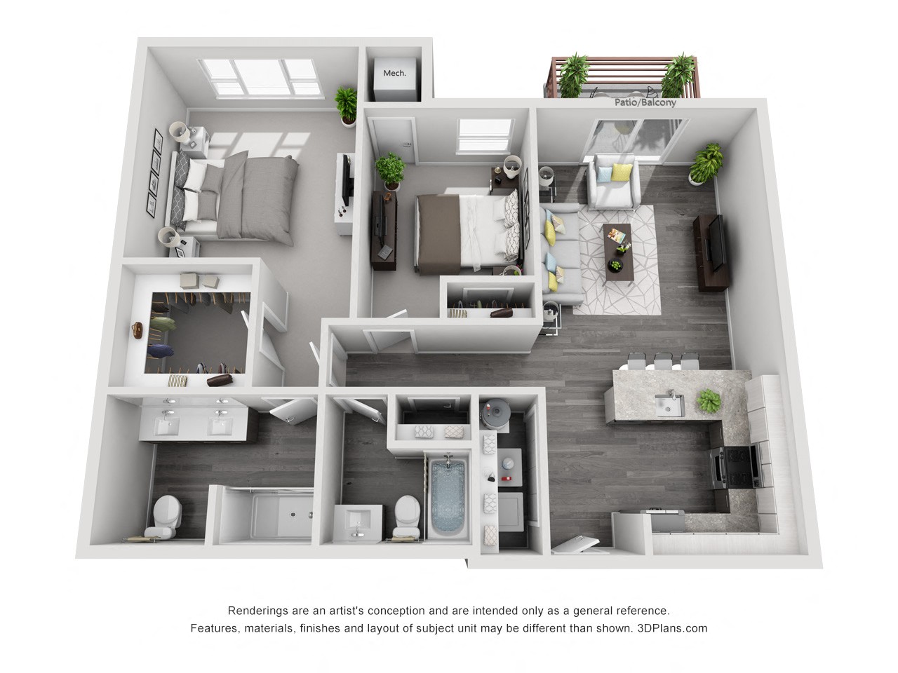 Floor plan for 2 beds, 2 baths, 1095 sqft